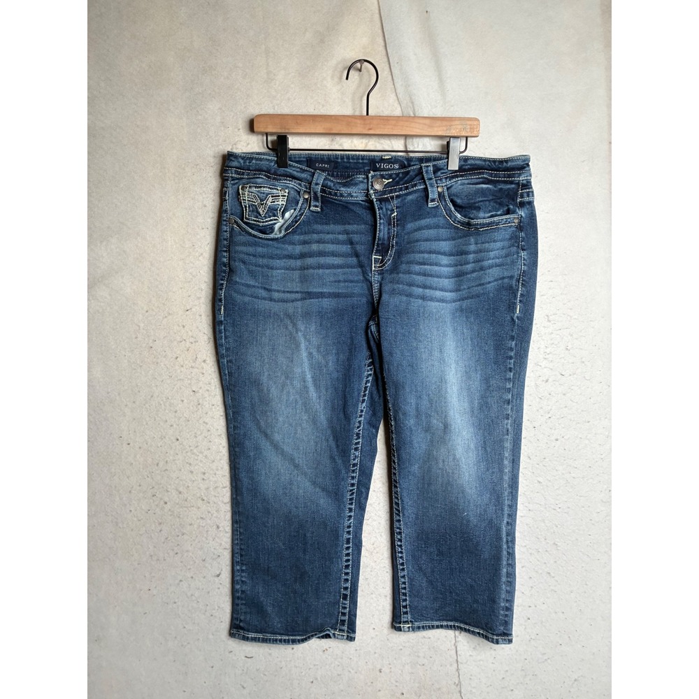 Vigos Capri Jeans Womens Blue Medium Wash Embroidered Denim Crop Pants C11761X